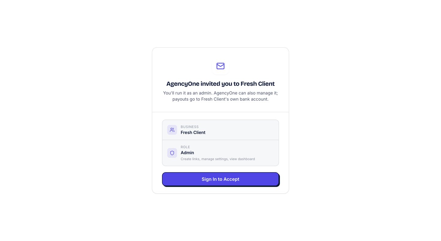 Invitation page: AgencyOne invited you to a business. You'll run it as an admin. AgencyOne can also manage it; payouts go to the business's own bank account. Sign in to accept.