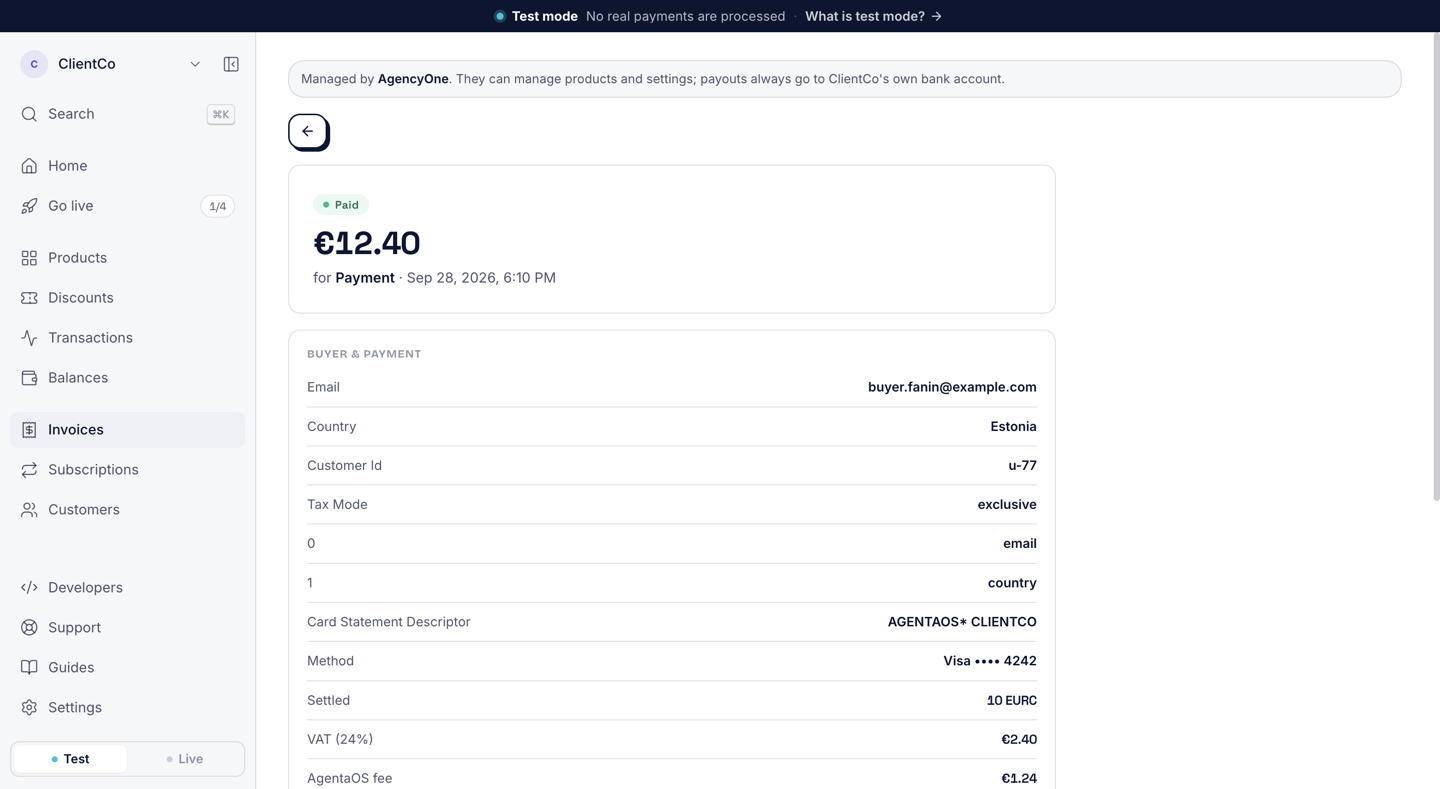 A client's sale page: Paid €12.40, VAT (24%) €2.40, AgentaOS fee €1.24, Platform fee (AgencyOne) −€1.50, Your net €7.26, and a sentence explaining when the share leaves