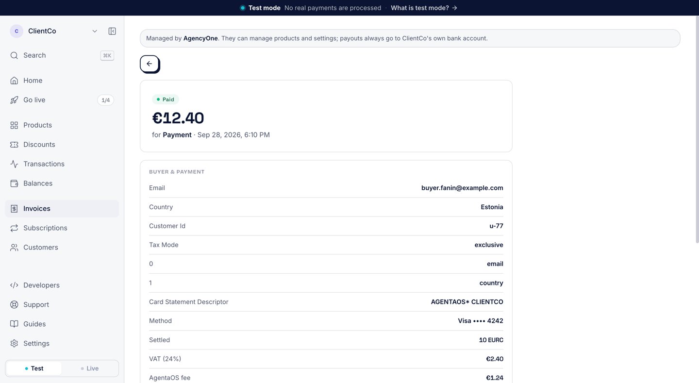 A client's sale page: Paid €12.40, VAT (24%) €2.40, AgentaOS fee €1.24, Platform fee (AgencyOne) −€1.50, Your net €7.26, and a sentence explaining when the share leaves