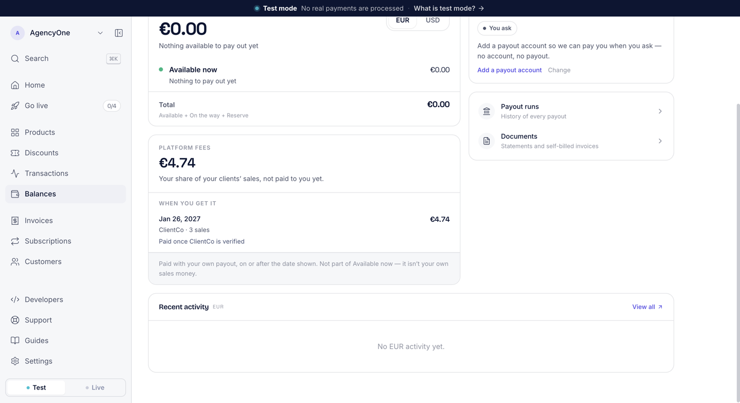 Platform fees card: €4.74, When you get it, Jan 26 2027, ClientCo, 3 sales, Paid once ClientCo is verified, and the note that fees ride your own payout
