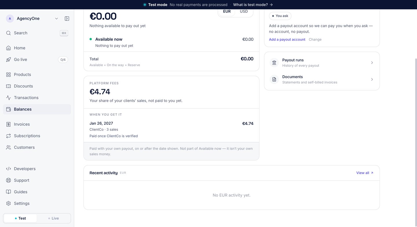 Platform fees card: €4.74, When you get it, Jan 26 2027, ClientCo, 3 sales, Paid once ClientCo is verified, and the note that fees ride your own payout