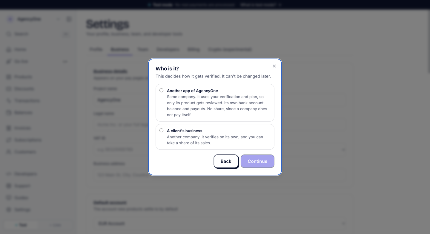 The Add a business dialog asking Who is it?, with two choices: A client's business, or Another app of your own company