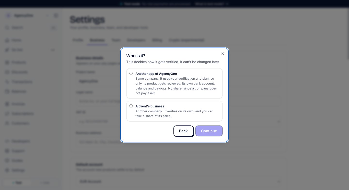The Add a business dialog asking Who is it?, with two choices: A client's business, or Another app of your own company
