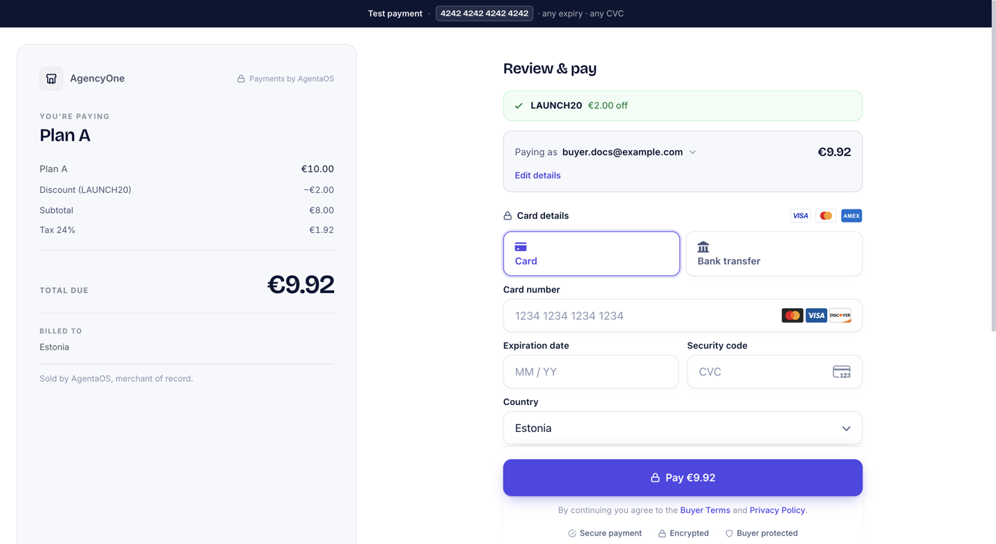 The checkout summary showing Plan A at €10.00, Discount (LAUNCH20) at minus €2.00, a subtotal of €8.00, tax of €1.92, and a total due of €9.92