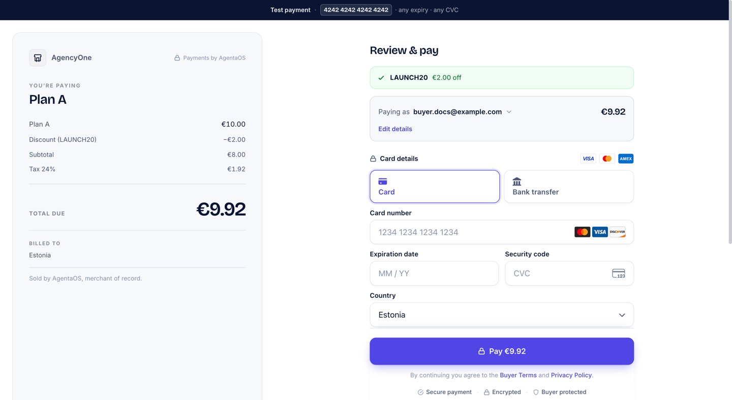 The checkout summary showing Plan A at €10.00, Discount (LAUNCH20) at minus €2.00, a subtotal of €8.00, tax of €1.92, and a total due of €9.92