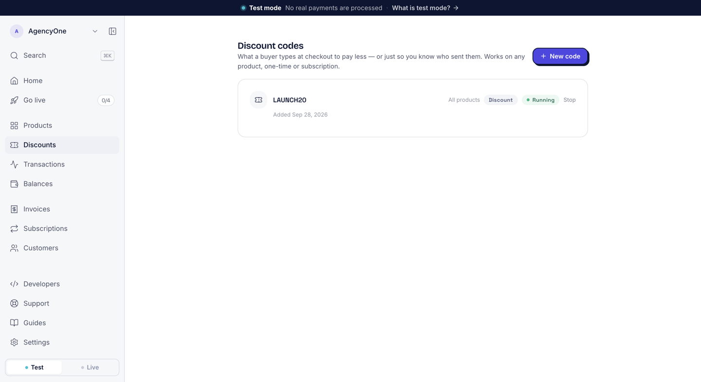 The Discount codes page listing LAUNCH20, which works on all products, with the Discount and Running labels and a Stop button