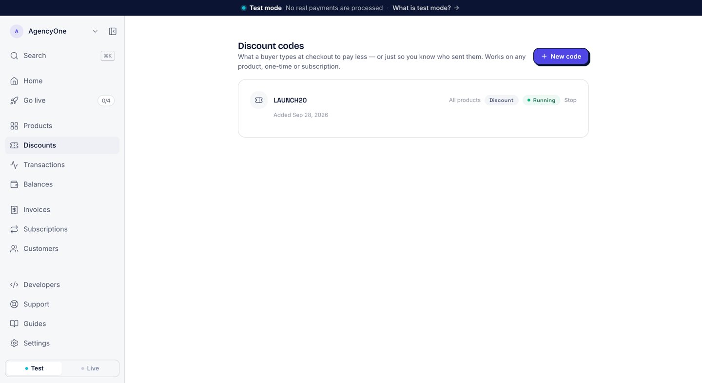 The Discount codes page listing LAUNCH20, which works on all products, with the Discount and Running labels and a Stop button