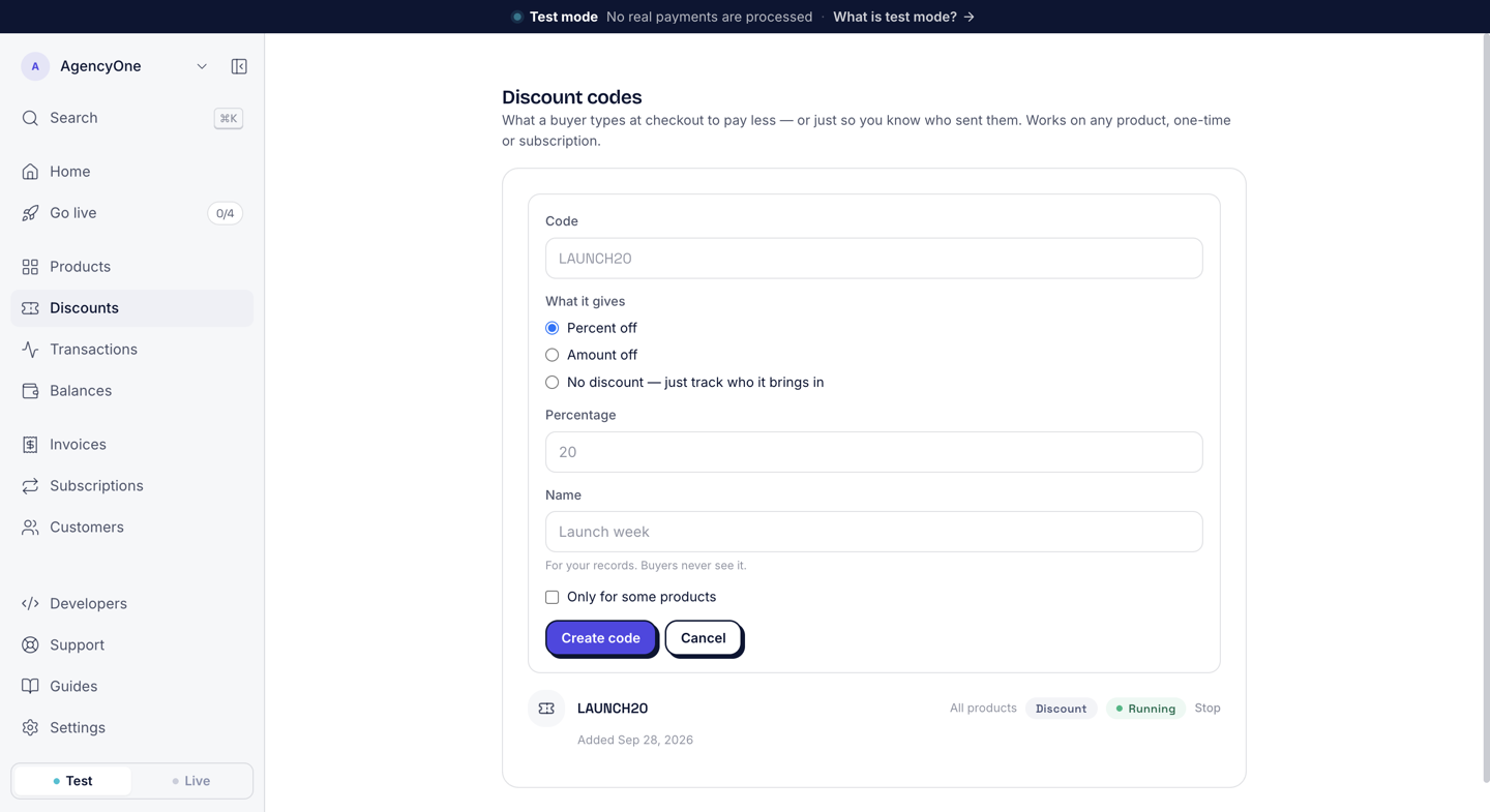 The New code form on the Discount codes page, with the code LAUNCH20, Percent off selected, and a percentage of 20