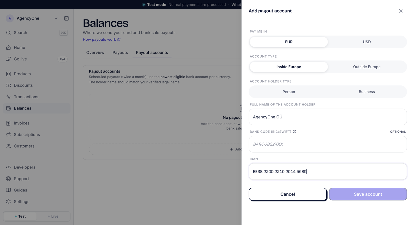 The Add payout account panel on the Payout accounts tab, with Pay me in set to EUR, Account type set to Inside Europe, the account holder name AgencyOne OÜ, an empty optional bank code and an Estonian IBAN