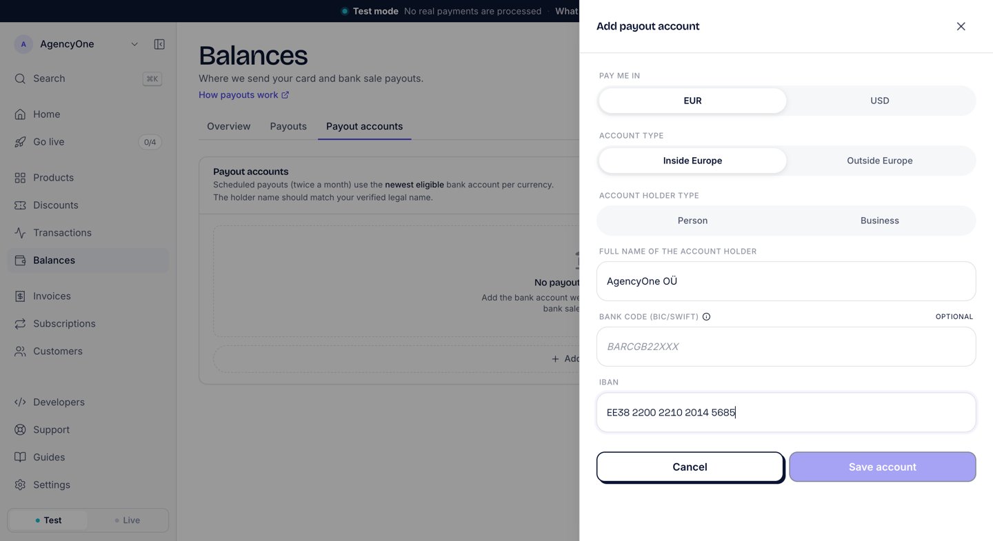 The Add payout account panel on the Payout accounts tab, with Pay me in set to EUR, Account type set to Inside Europe, the account holder name AgencyOne OÜ, an empty optional bank code and an Estonian IBAN