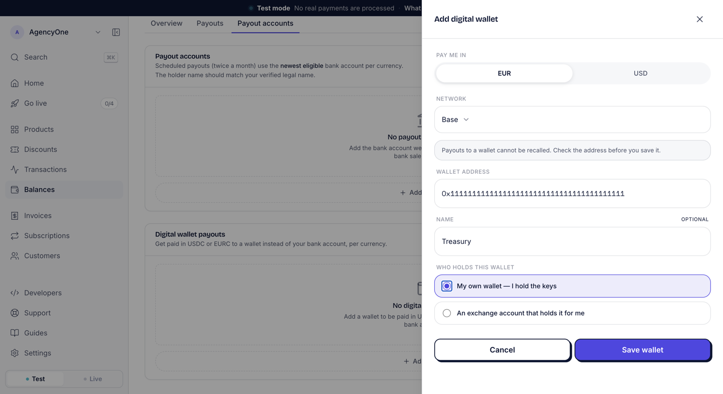 The Add digital wallet panel with Pay me in set to EUR, Network set to Base, the warning that payouts to a wallet cannot be recalled, a wallet address, the name Treasury, and My own wallet selected under Who holds this wallet