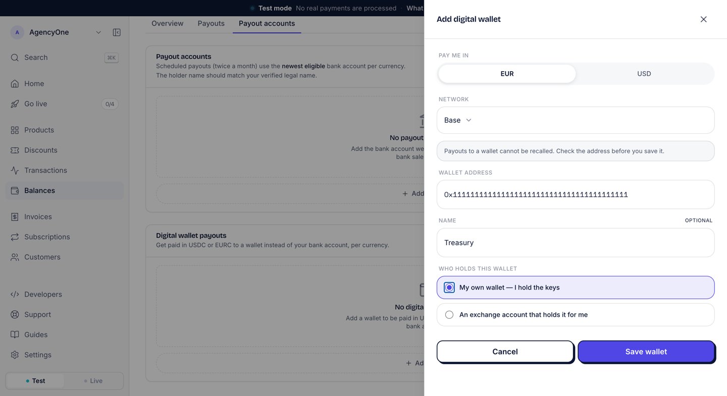 The Add digital wallet panel with Pay me in set to EUR, Network set to Base, the warning that payouts to a wallet cannot be recalled, a wallet address, the name Treasury, and My own wallet selected under Who holds this wallet
