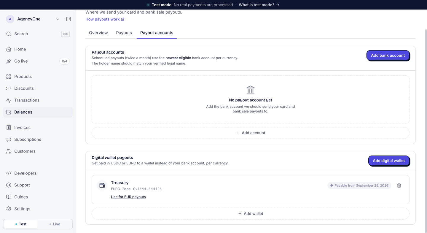 The Digital wallet payouts section with one wallet named Treasury, EURC on Base with a shortened address, the badge Payable from September 29, 2026, and the link Use for EUR payouts