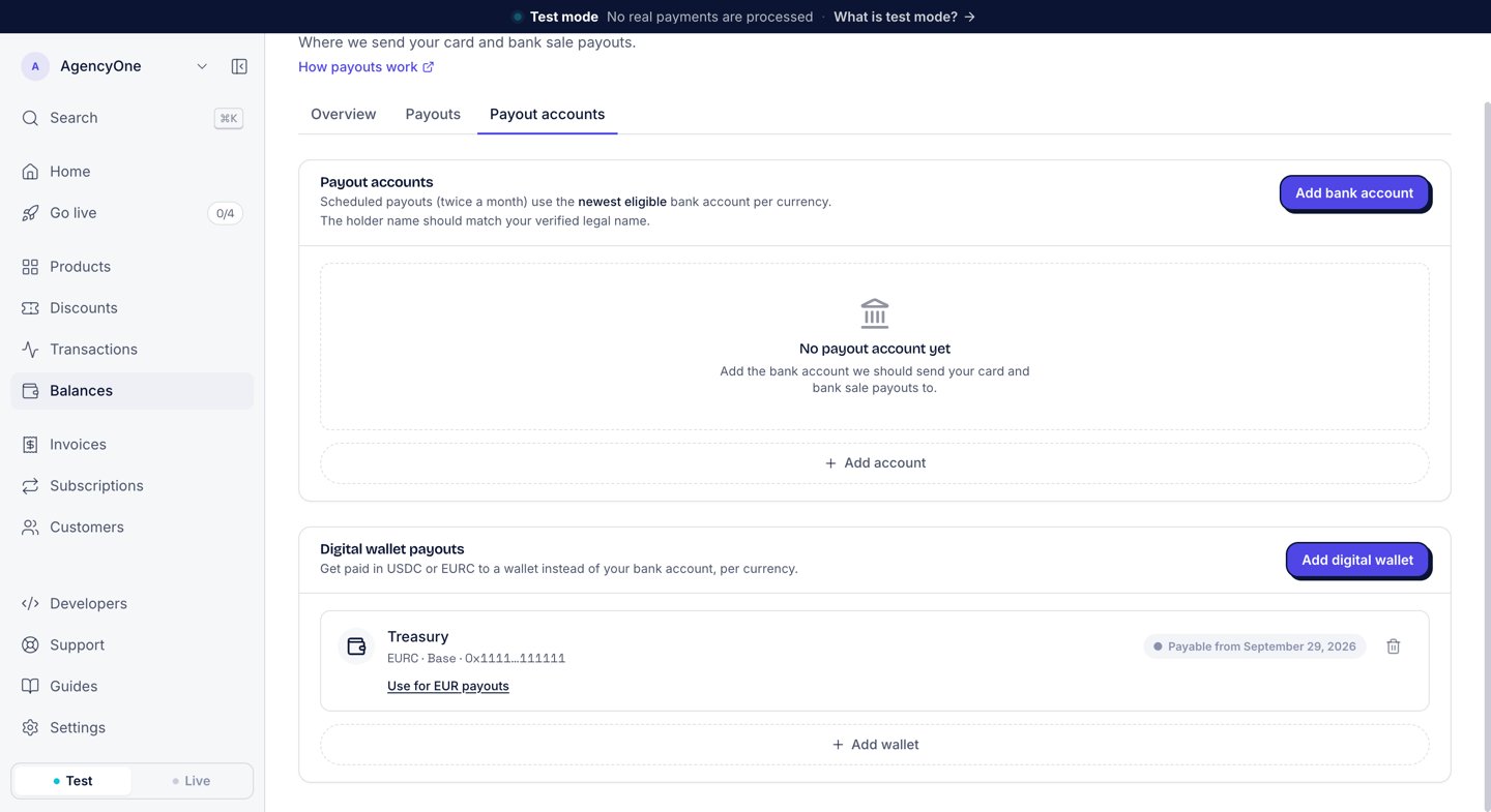 The Digital wallet payouts section with one wallet named Treasury, EURC on Base with a shortened address, the badge Payable from September 29, 2026, and the link Use for EUR payouts