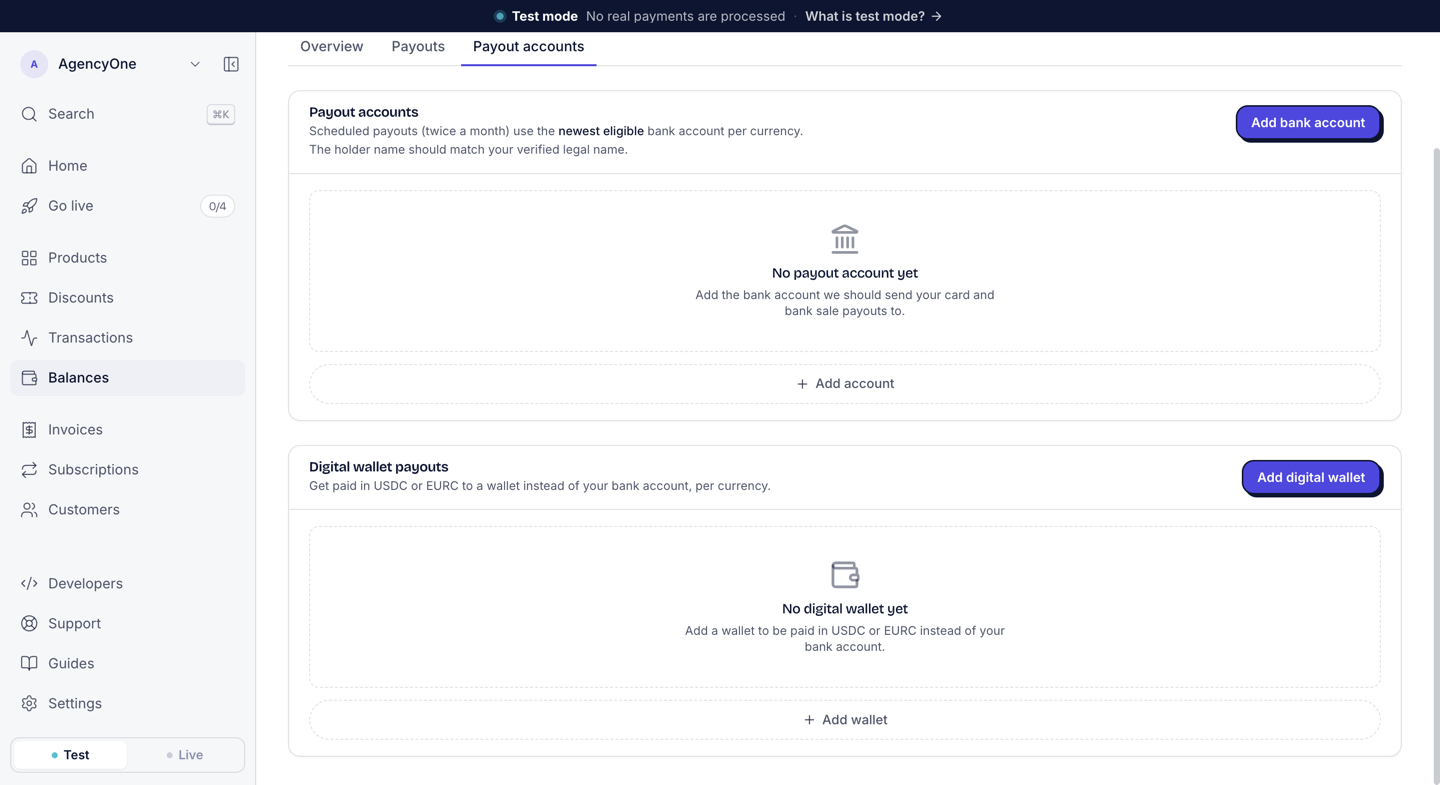 The Payout accounts tab with the Payout accounts section for bank accounts and, below it, the Digital wallet payouts section with an Add digital wallet button and the empty state No digital wallet yet