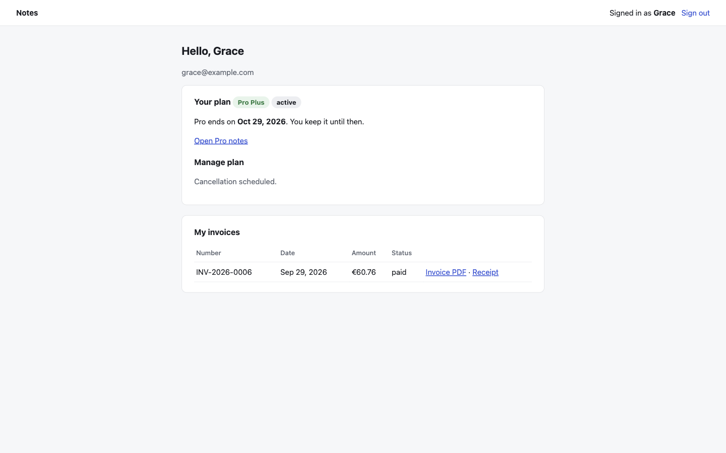 The Notes demo for Grace after Cancel plan: Pro Plus, active, Pro ends on Oct 29, 2026. You keep it until then. Manage plan: Cancellation scheduled.