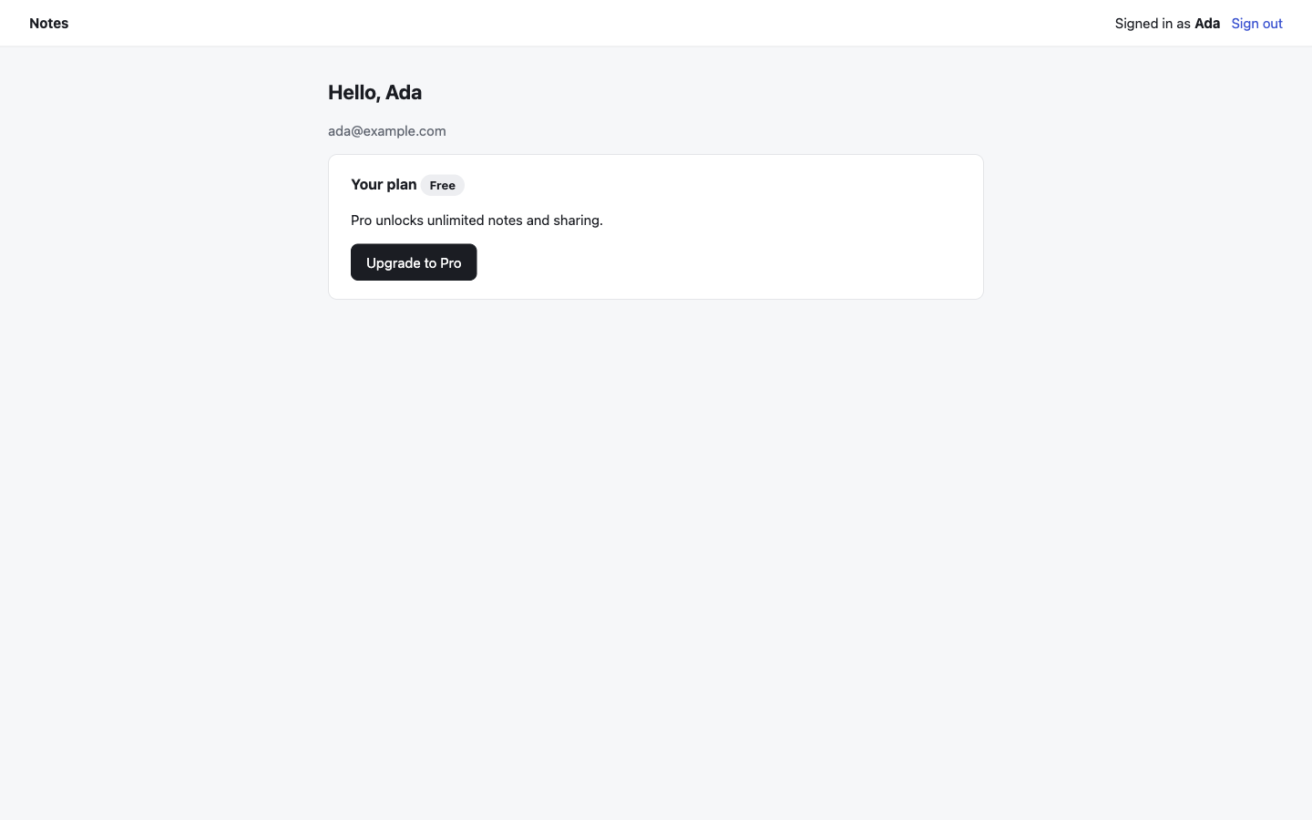 The Notes demo signed in as Ada: Your plan Free, Pro unlocks unlimited notes and sharing, and an Upgrade to Pro button.