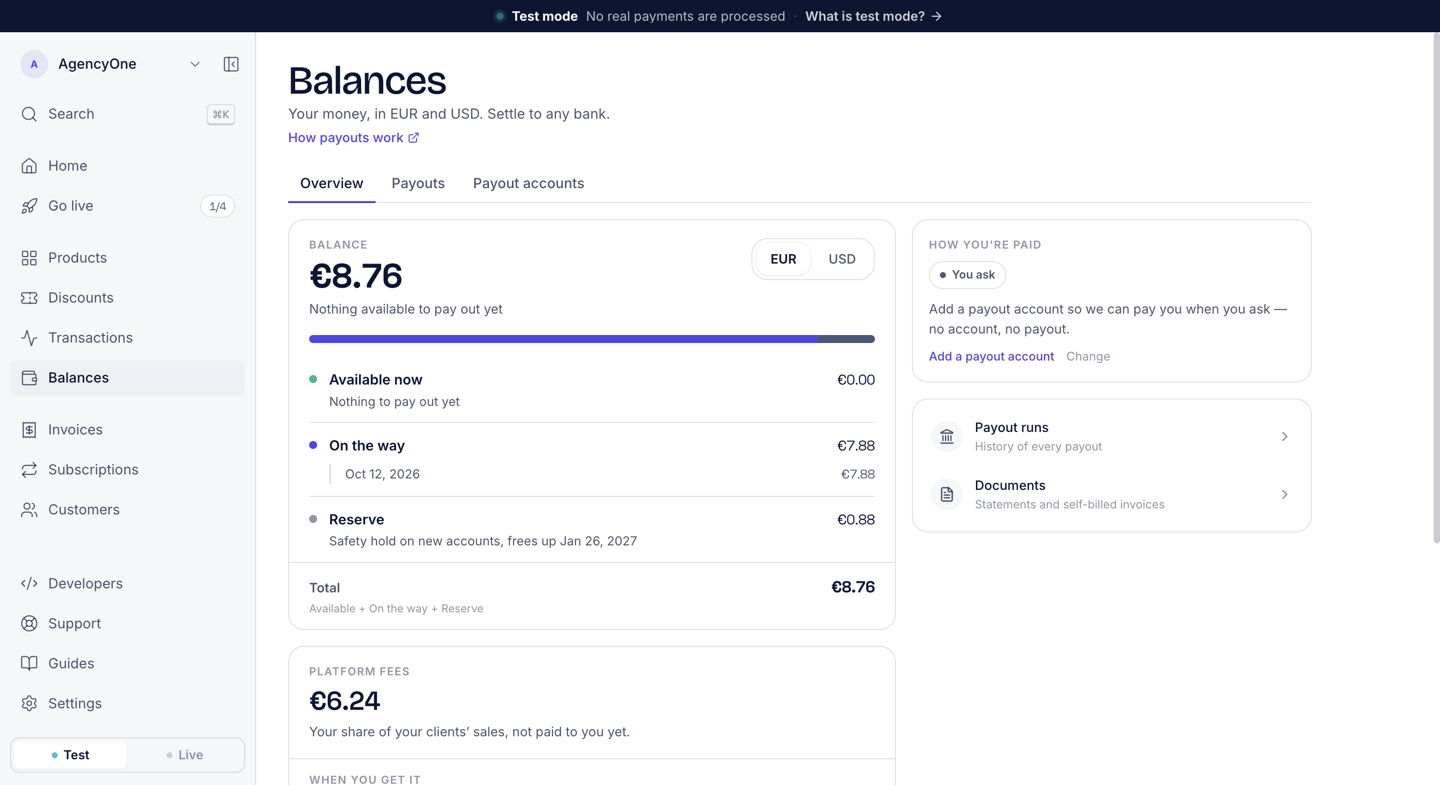 The Balances page on the Overview tab with the balance split into Available now, On the way, and Reserve, and a Total at the bottom