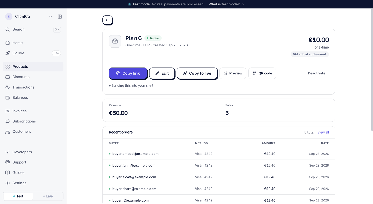 Test product page for Plan C with the buttons Copy link, Edit, Copy to live, Preview, and QR code