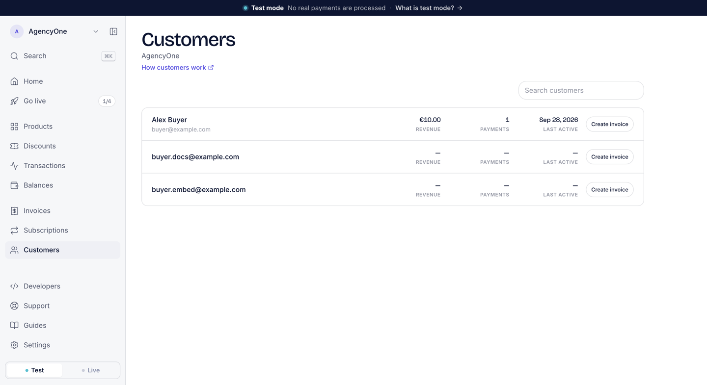 The Customers page with three customers: Alex Buyer with 10 euros revenue and 1 payment, and two billed customers with no payments yet, each row with a Create invoice button