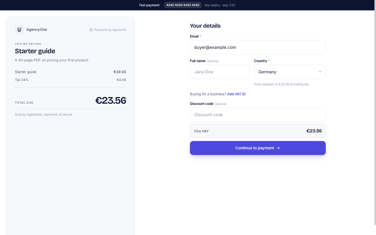 The checkout for Starter guide with the Test payment banner at the top. The summary shows Starter guide €19.00, Tax 24% €4.56, and Total due €23.56, and Sold by AgentaOS, merchant of record. The form has the email buyer@example.com, the country Germany, and the button Continue to payment.