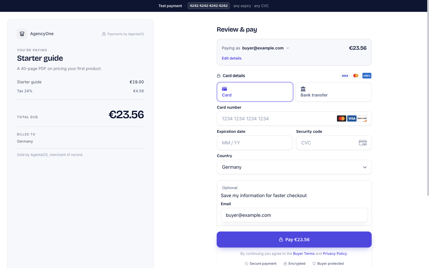 The Review and pay step: Paying as buyer@example.com, €23.56, Edit details, the Card and Bank transfer options, the card form with Card number, Expiration date, and Security code, Country Germany, and the button Pay €23.56.