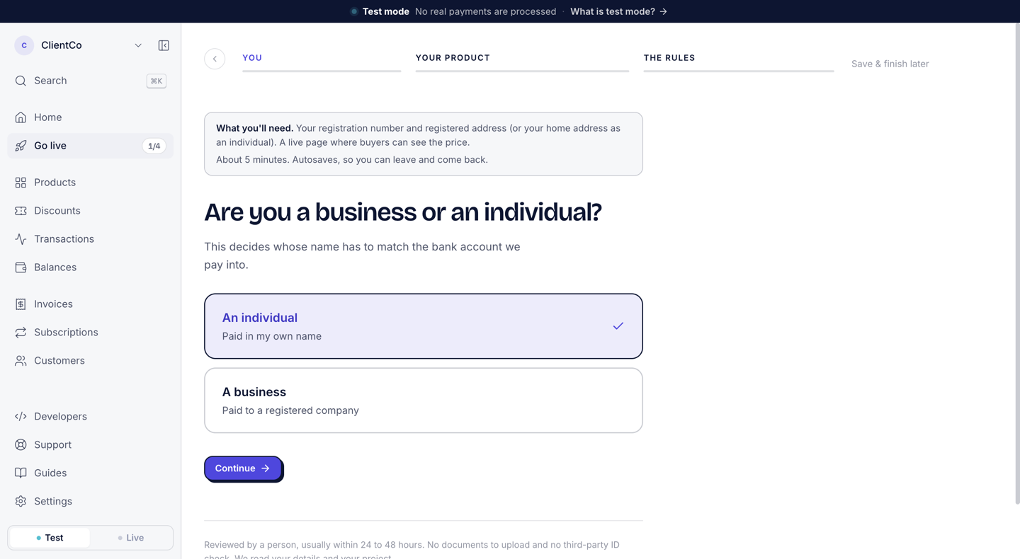 Business details form asking Are you a business or an individual?, with the options An individual and A business, and the parts You, Your product, and The rules at the top