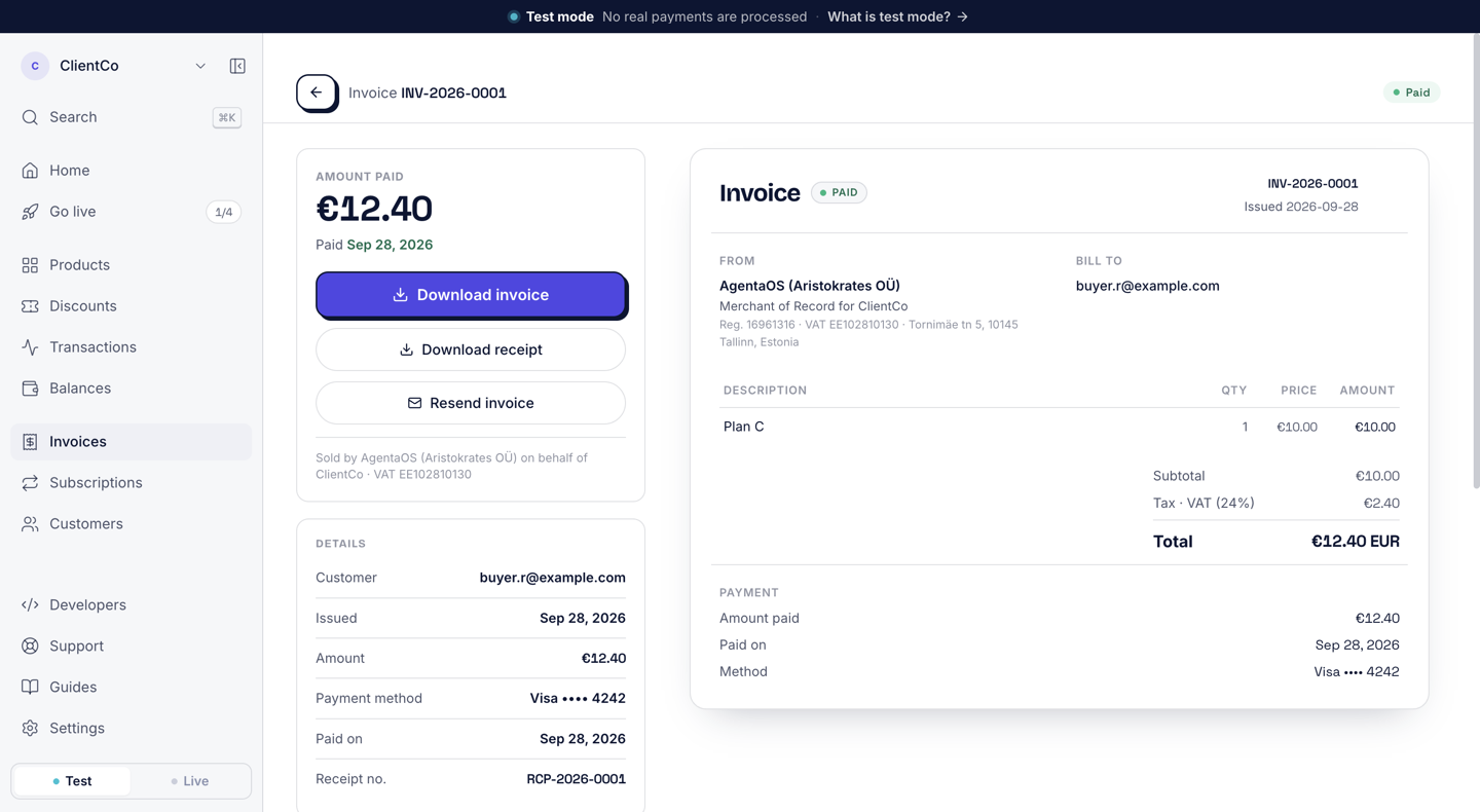 A paid invoice INV-2026-0001 for €12.40 with the buttons Download invoice, Download receipt and Resend invoice, the invoice preview from AgentaOS (Aristokrates OÜ) as merchant of record for ClientCo, and the details with the receipt number RCP-2026-0001
