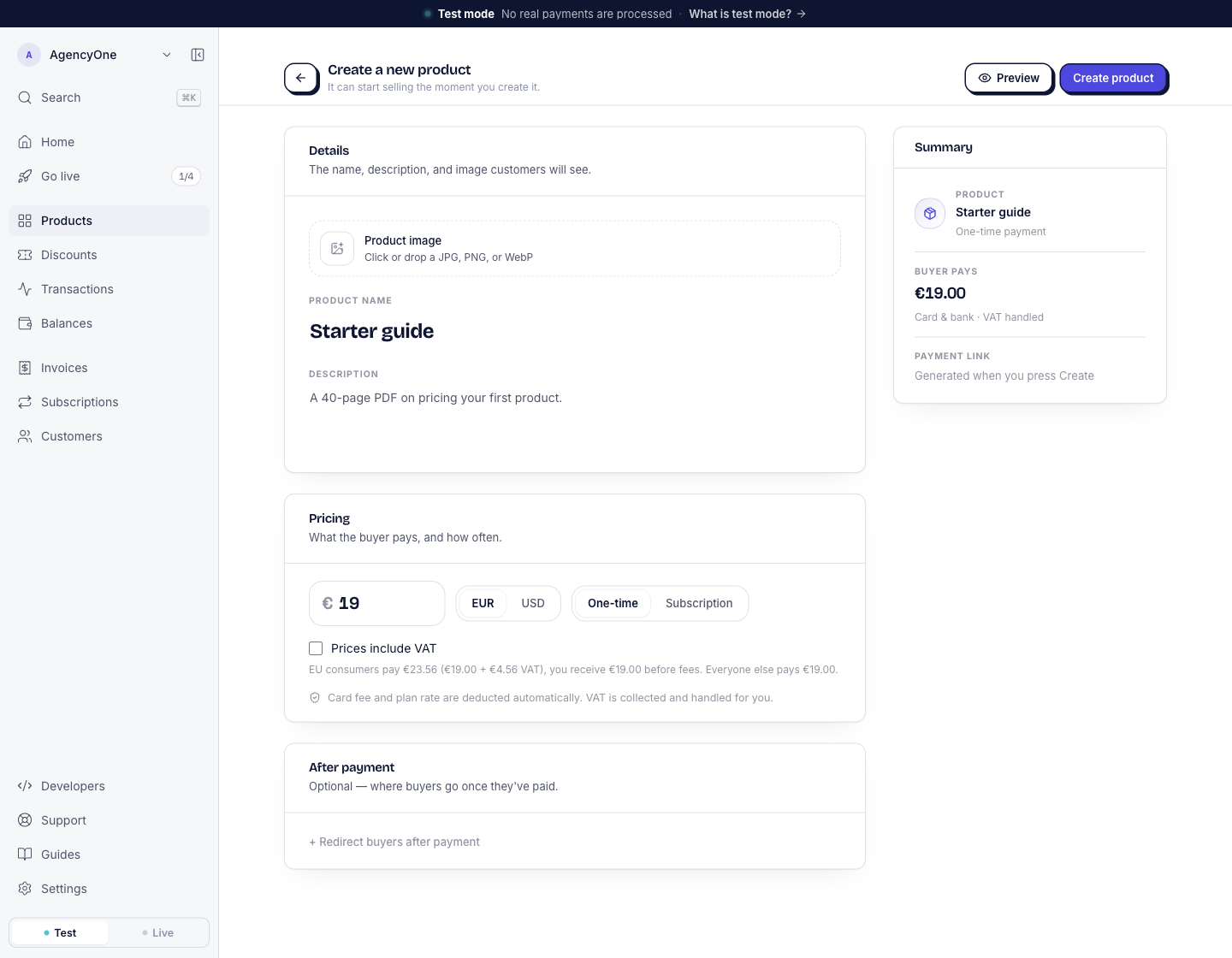 The Create a new product form. Details has the product name Starter guide and the description A 40-page PDF on pricing your first product. Pricing shows 19, EUR, and One-time, the Prices include VAT checkbox, and the line EU consumers pay €23.56 (€19.00 + €4.56 VAT), you receive €19.00 before fees. Everyone else pays €19.00. The Summary on the right shows Buyer pays €19.00.