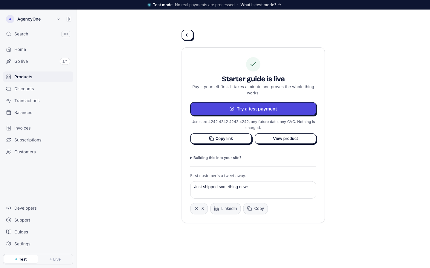 The confirmation screen: Starter guide is live. Pay it yourself first. It takes a minute and proves the whole thing works. Below are the button Try a test payment, the line Use card 4242 4242 4242 4242, any future date, any CVC. Nothing is charged, and the buttons Copy link and View product.
