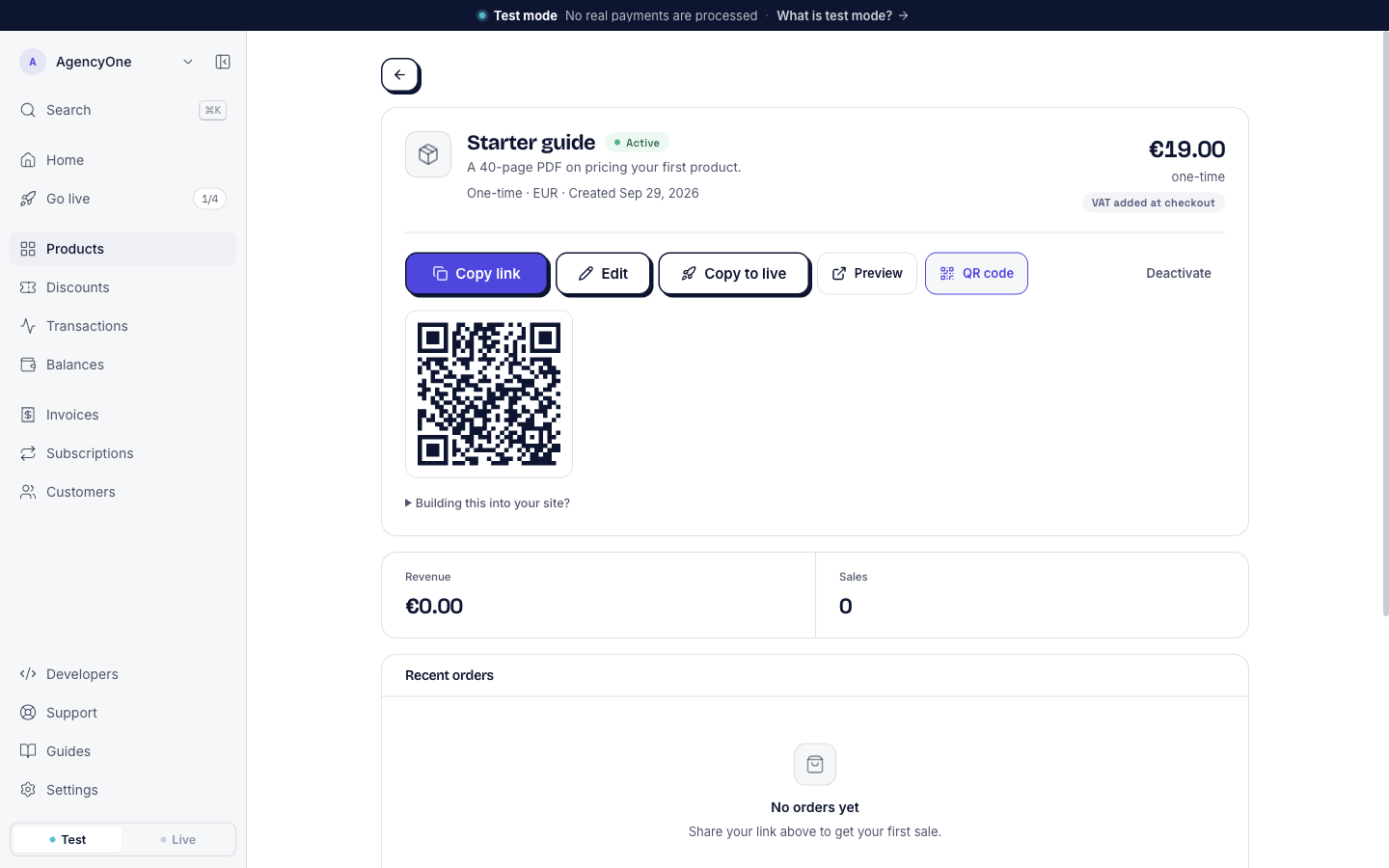 The product page for Starter guide: Active, One-time, EUR, €19.00 one-time, VAT added at checkout, with the buttons Copy link, Edit, Copy to live, Preview, QR code, and Deactivate, and the QR code below them.