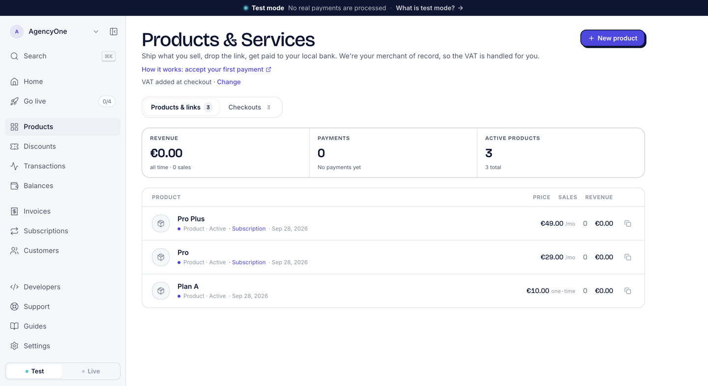 The Products and Services page with revenue, payments, and active products at the top and three products below