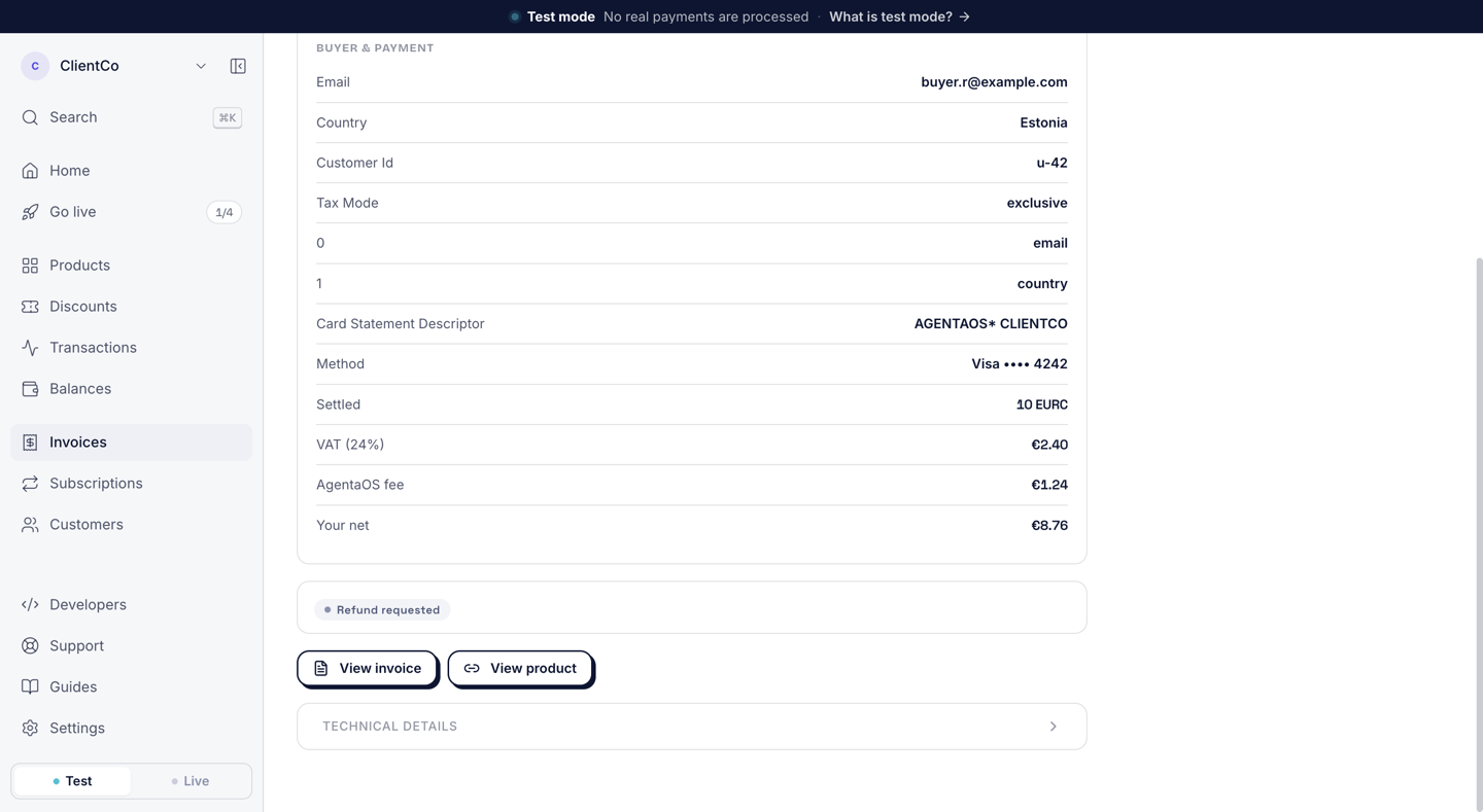 The same sale page, where the refund block now shows a Refund requested label and no button