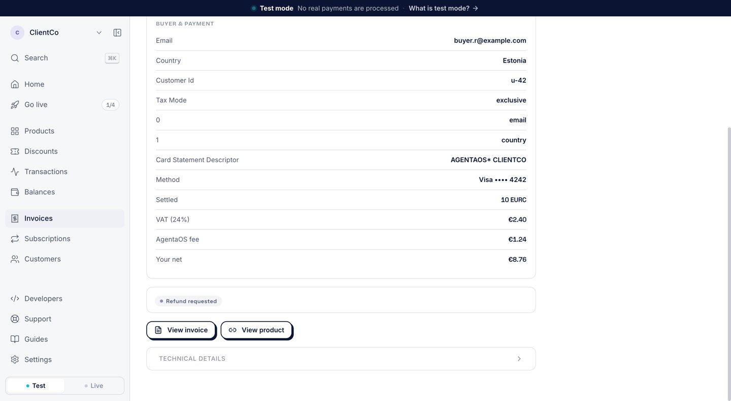 The same sale page, where the refund block now shows a Refund requested label and no button