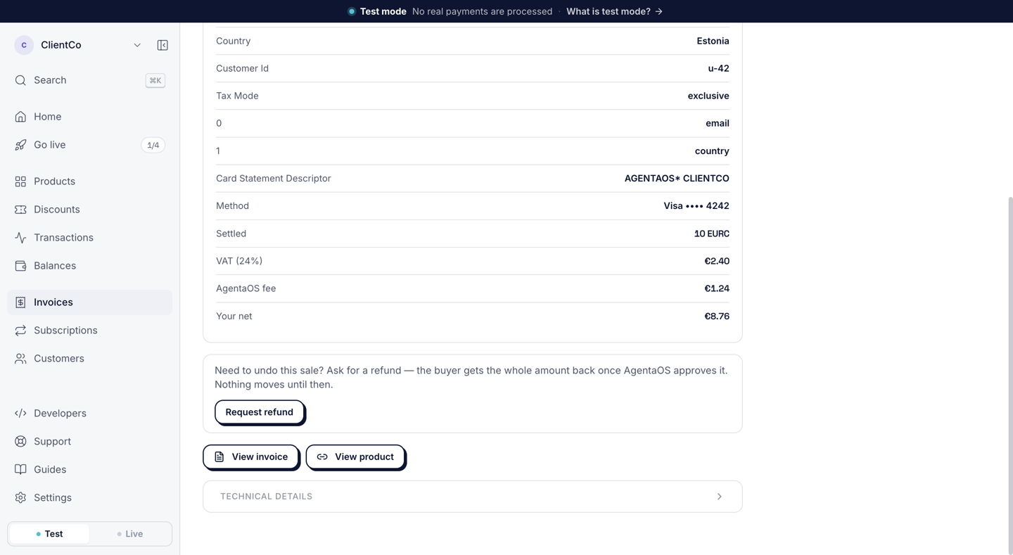 A sale page with the Card Statement Descriptor AGENTAOS* CLIENTCO, VAT, AgentaOS fee and Your net rows, and below them the sentence Need to undo this sale? Ask for a refund with a Request refund button