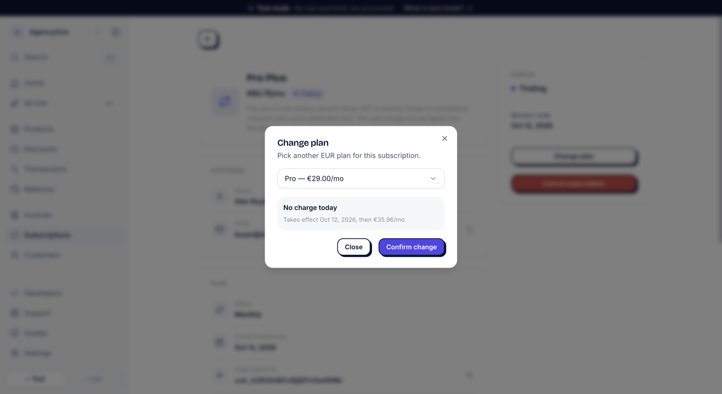 The Change plan dialog with Pro at €29.00 a month selected. It says No charge today, and Takes effect Oct 12, 2026, then €35.96 a month.