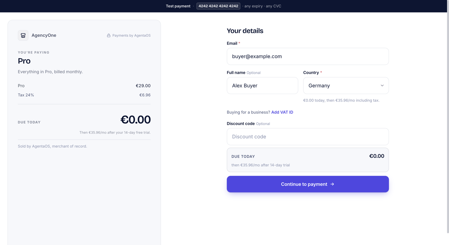 The checkout for Pro with the buyer's email, name, and Germany filled in. The summary shows Pro €29.00, Tax 24% €6.96, and Due today €0.00, then €35.96 a month after the 14-day free trial.