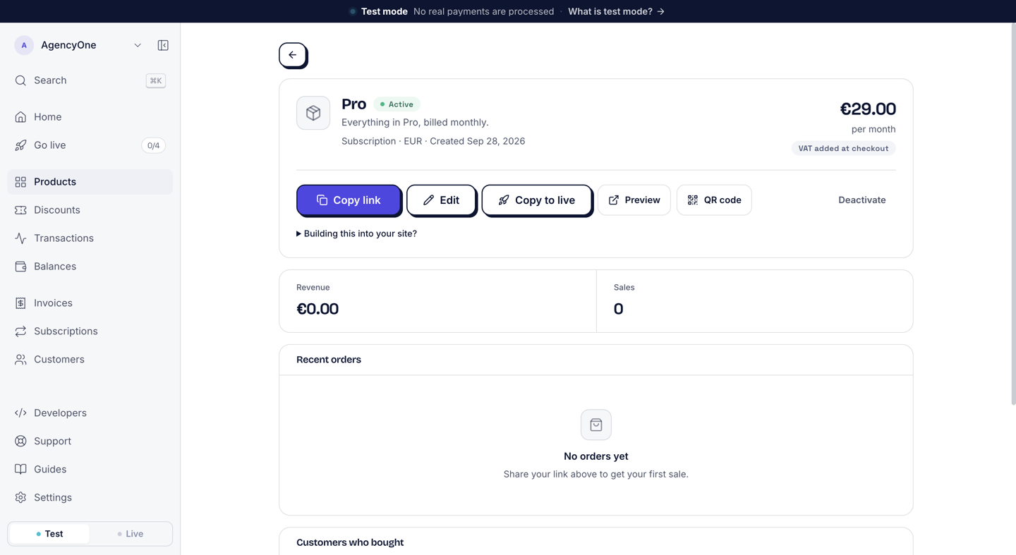 The product page for Pro: Active, Subscription, EUR, €29.00 per month, VAT added at checkout, with the buttons Copy link, Edit, Copy to live, Preview, QR code, and Deactivate.