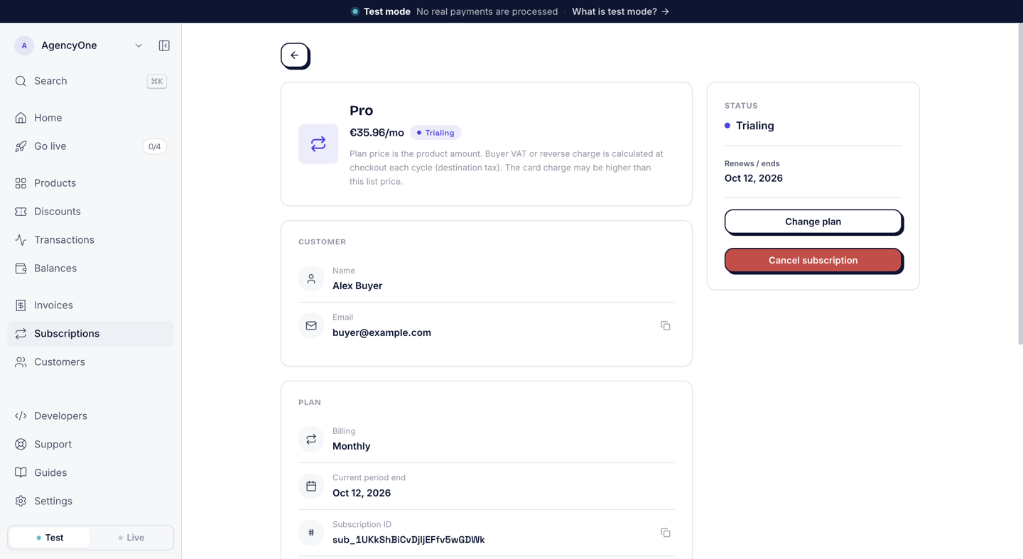 The subscription page for Pro: €35.96/mo, Trialing, with the customer's name and email, the plan details, and the buttons Change plan and Cancel subscription.