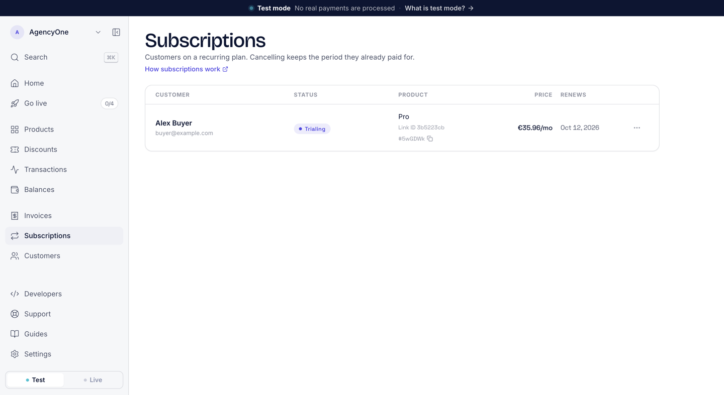 The Subscriptions list with one row: Alex Buyer, buyer@example.com, Trialing, Pro, €35.96/mo, renews Oct 12, 2026.