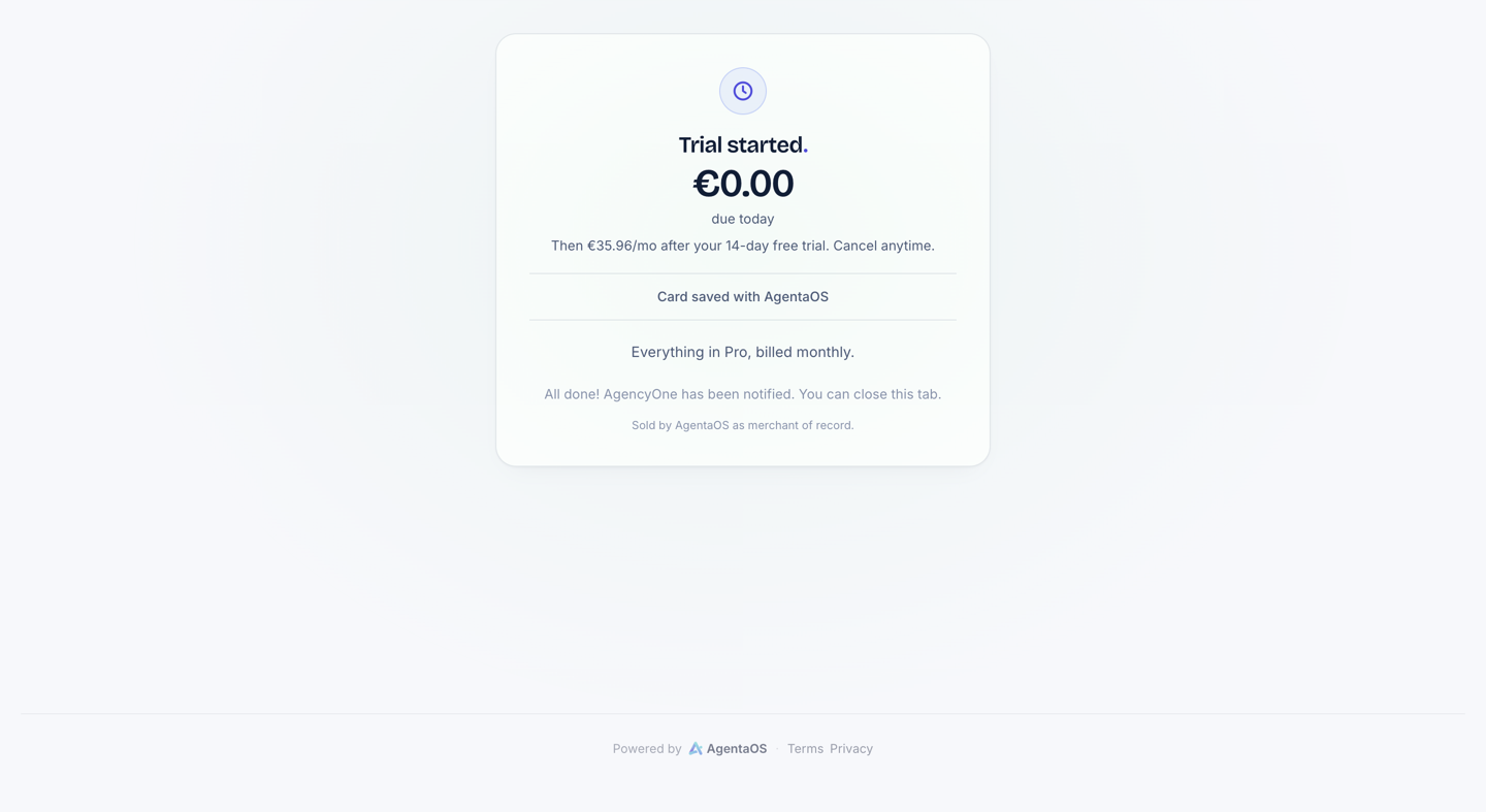 The confirmation page: Trial started, €0.00 due today, then €35.96 a month after your 14-day free trial, and Card saved with AgentaOS.