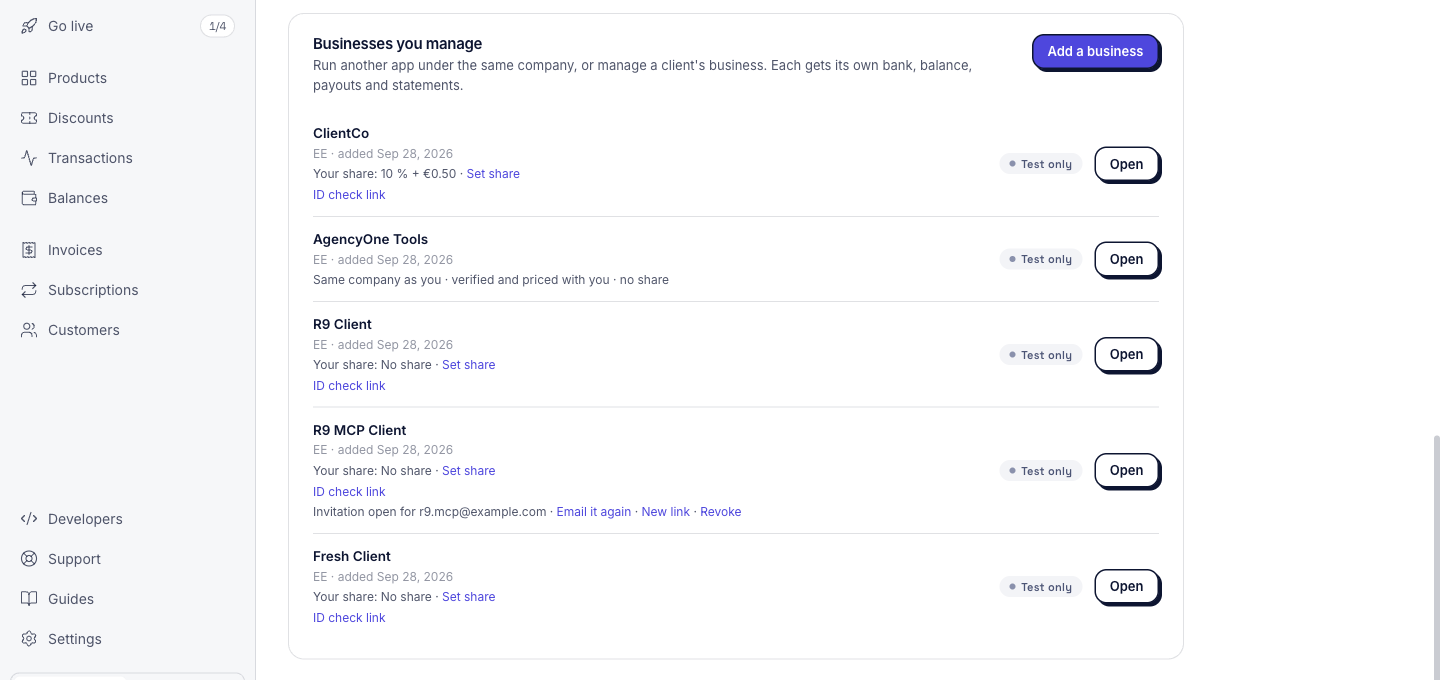 The Businesses you manage section. Each client business shows an ID check link. AgencyOne Tools shows: Same company as you, verified and priced with you, no share.