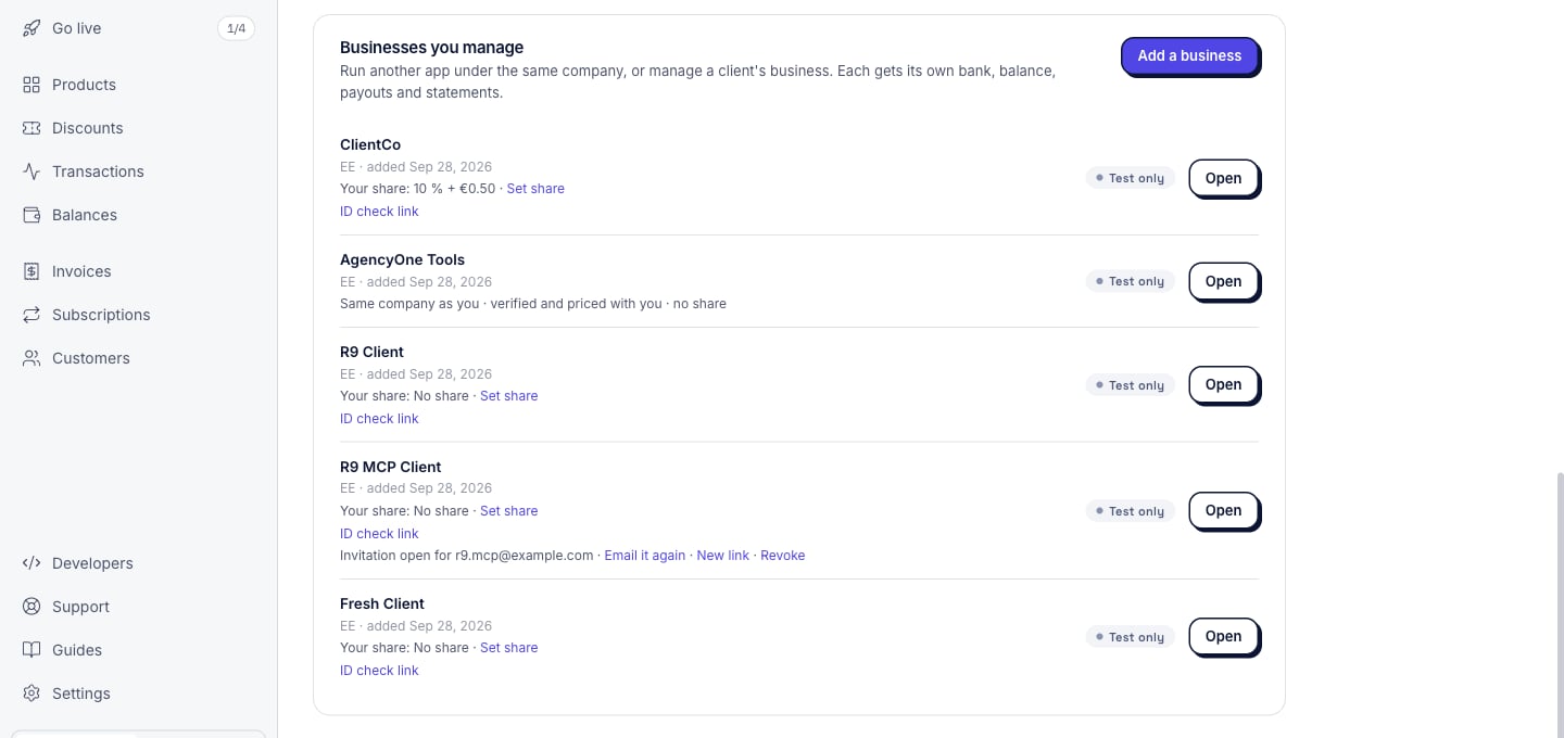 The Businesses you manage section. Each client business shows an ID check link. AgencyOne Tools shows: Same company as you, verified and priced with you, no share.