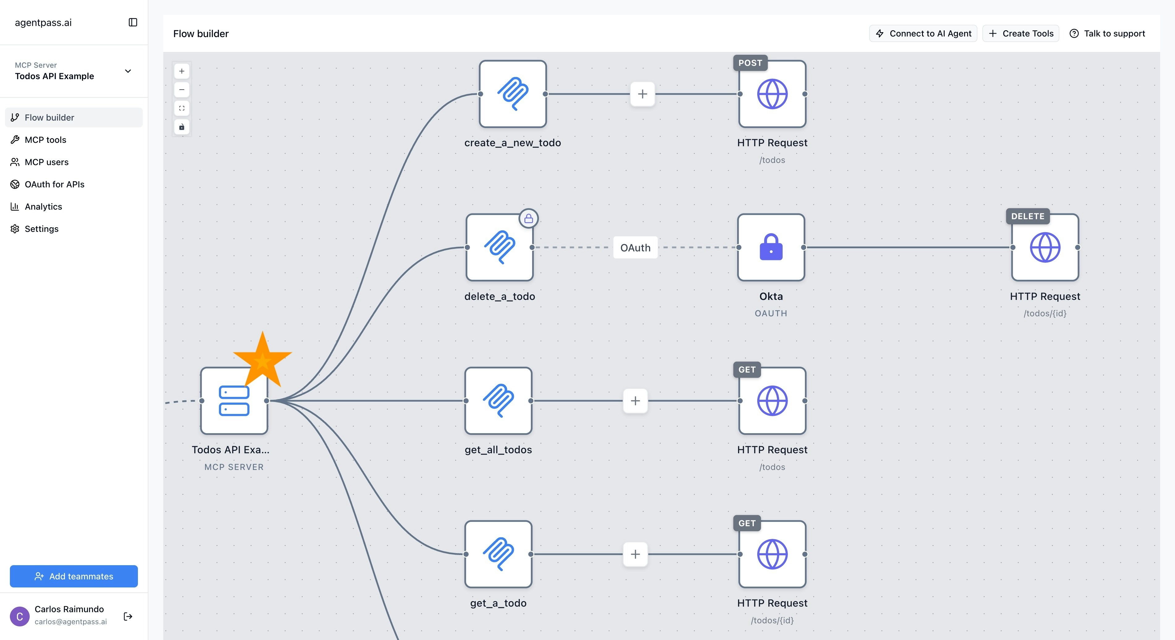 Server node showing MCP server configuration and connected tools