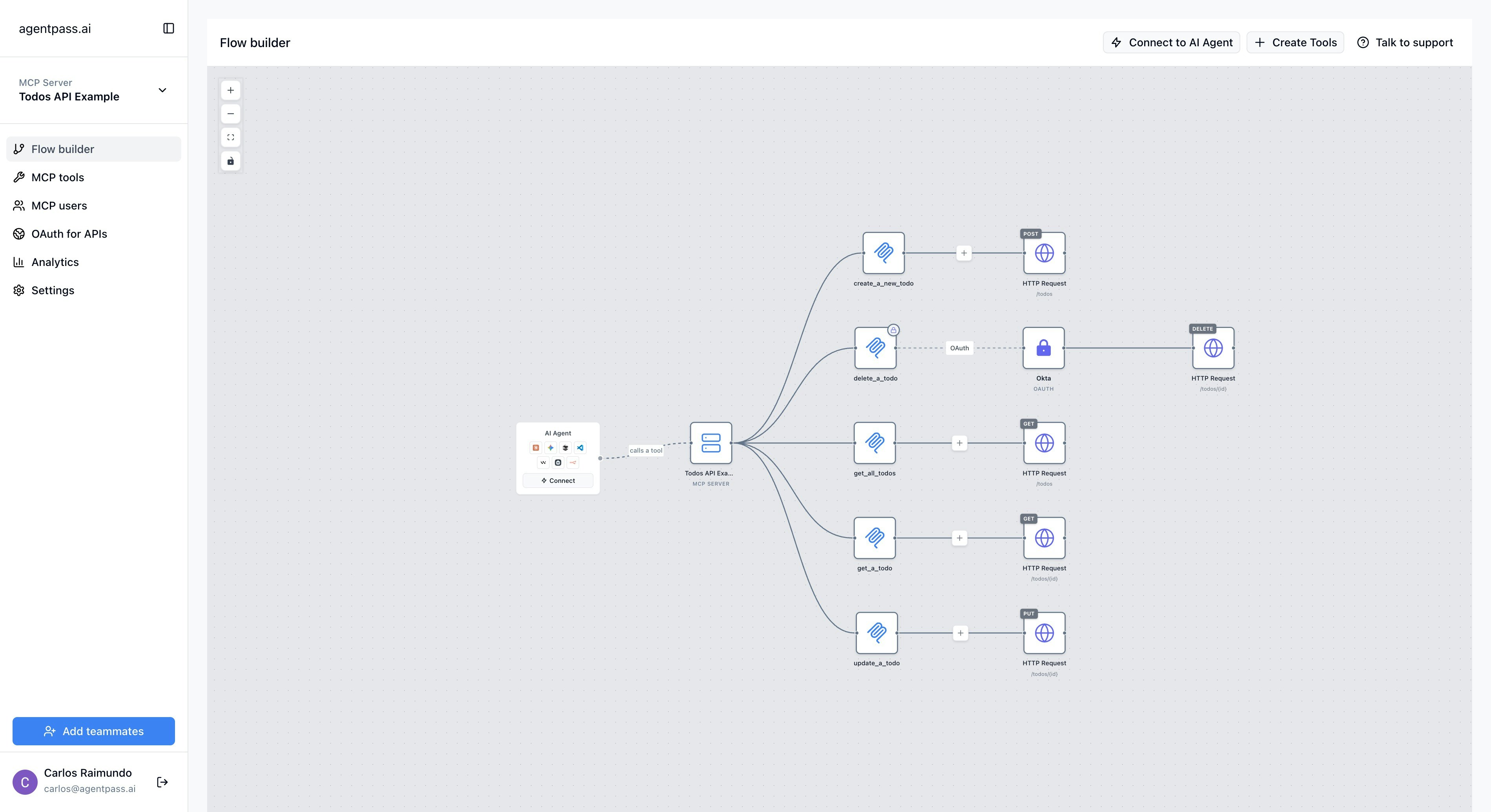 Flow builder showing LLM nodes connected to MCP servers, tools, and authentication providers