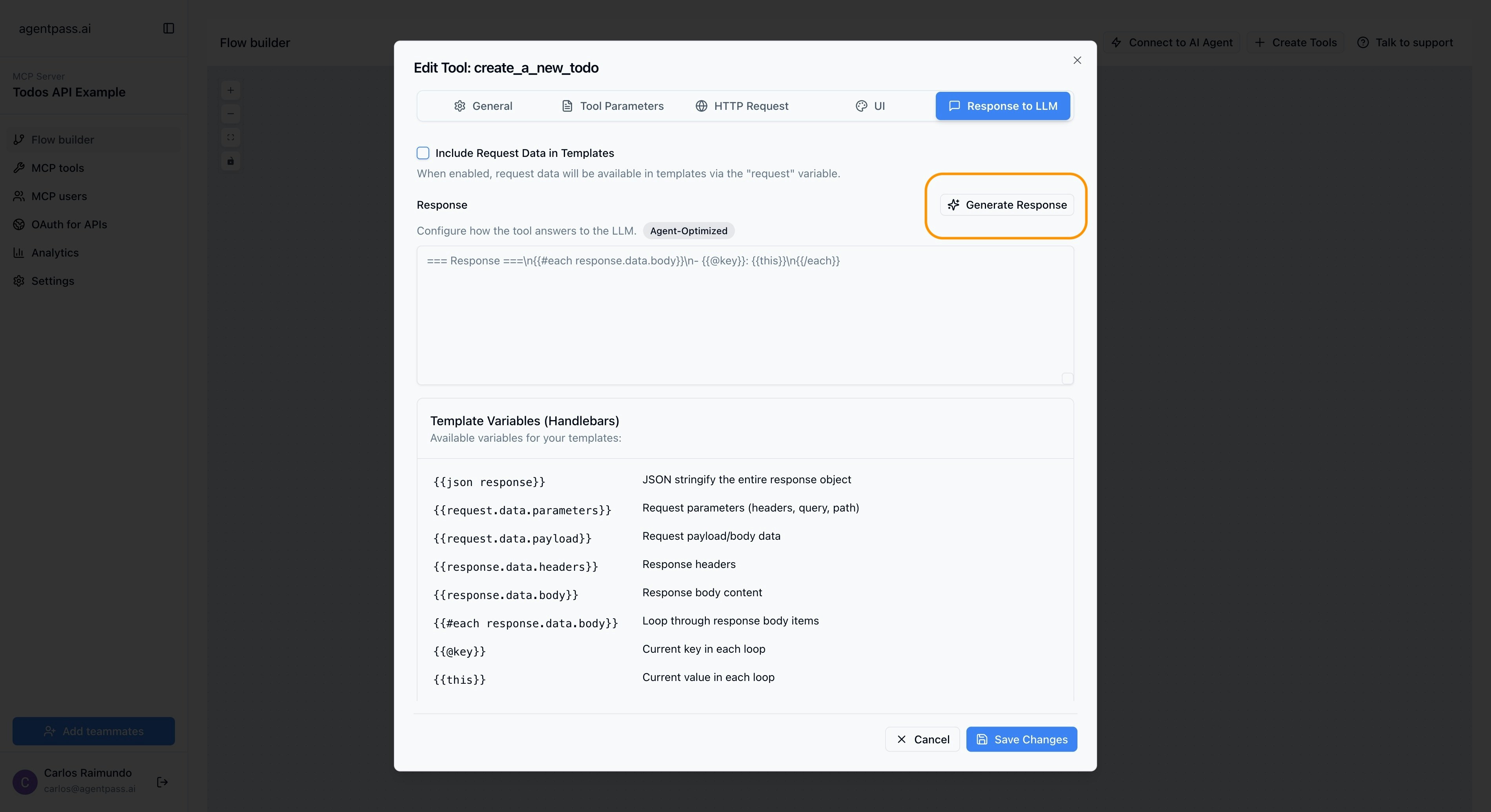 AI template generation interface with Sparkles icon and generation options