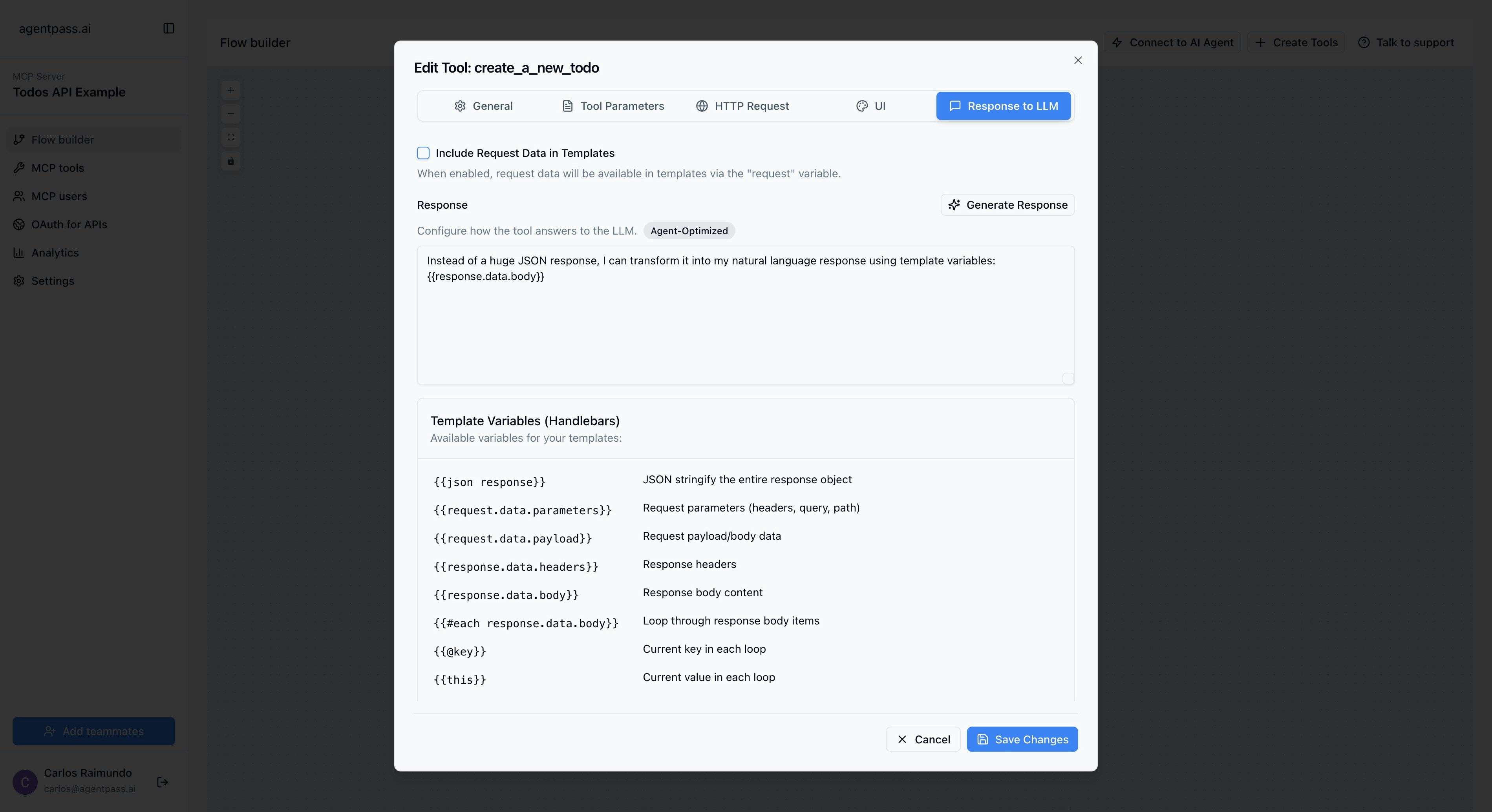 Response formatting flow from API response to AI agent output