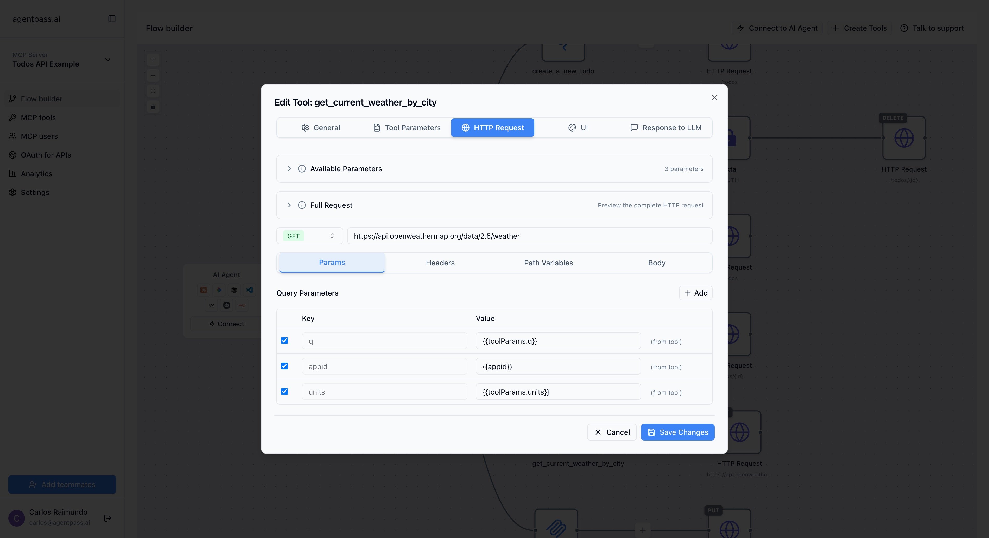 Request transformation flow from AI parameters to HTTP request