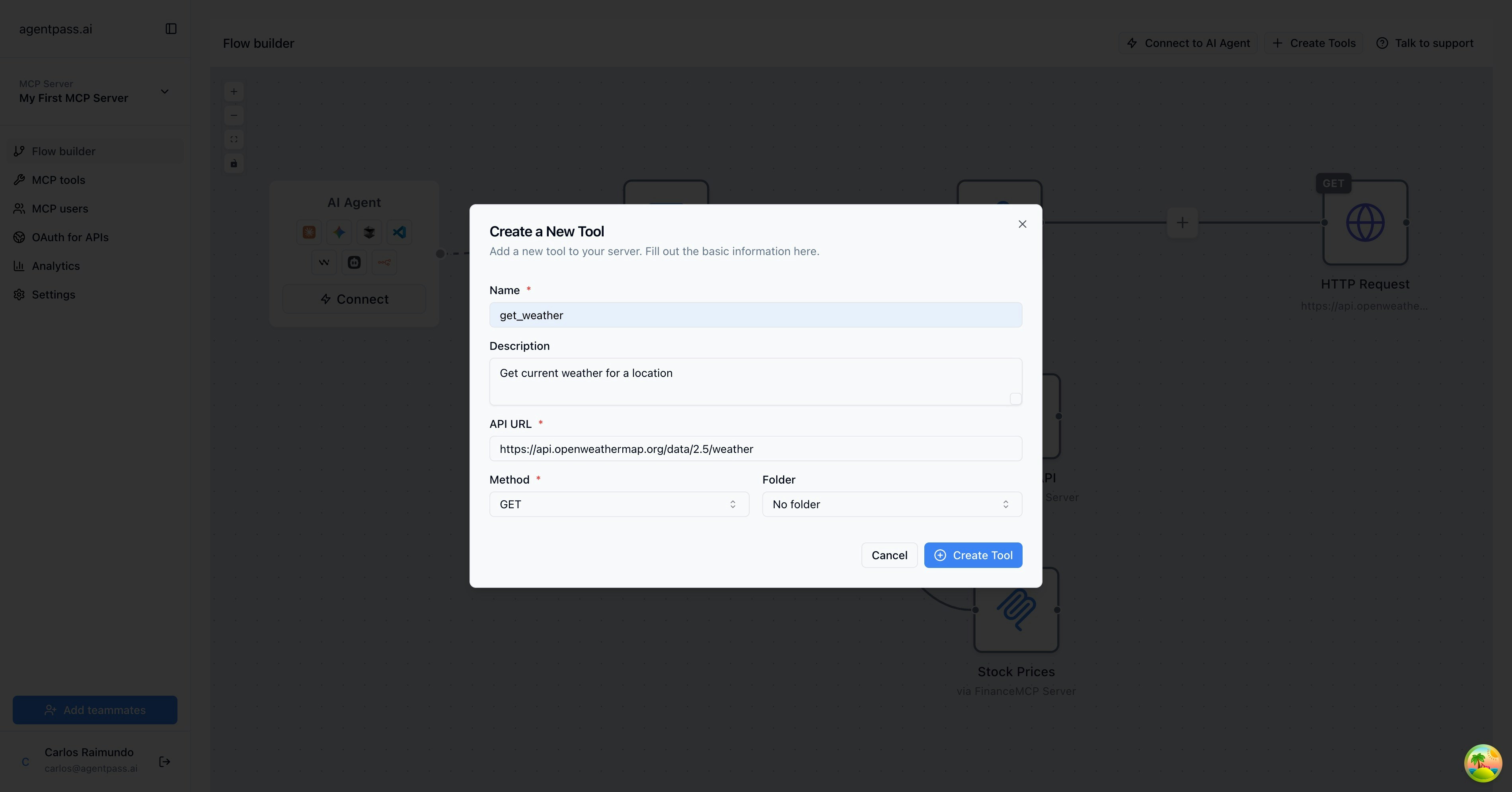 Create new tool form showing basic configuration options