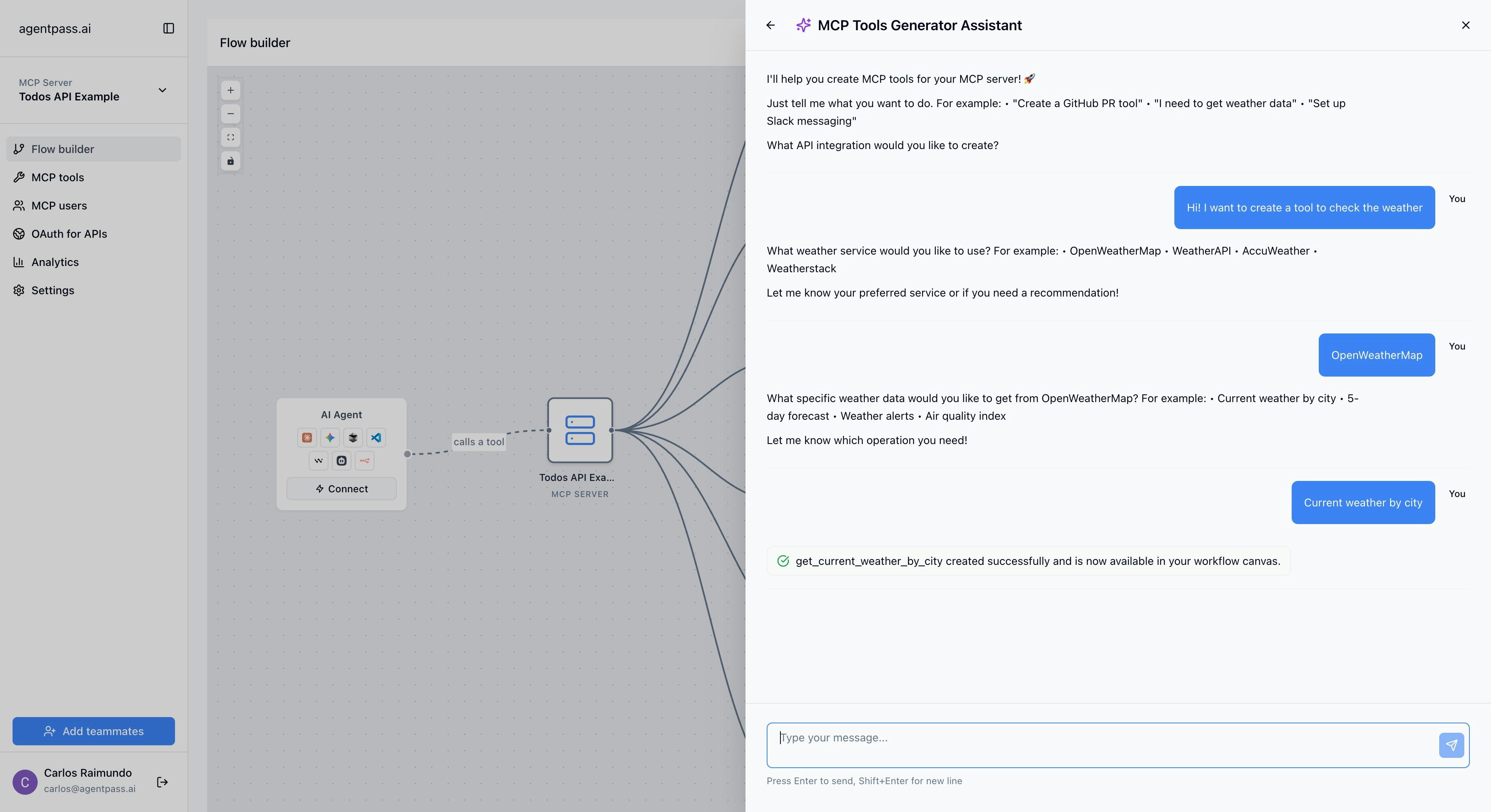AI tool generation interface with API documentation input